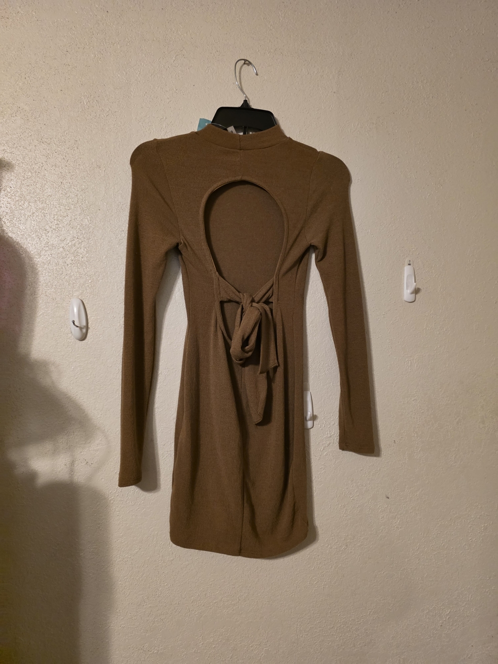 Papaya Brown Long Sleeve Backless Tie Dress